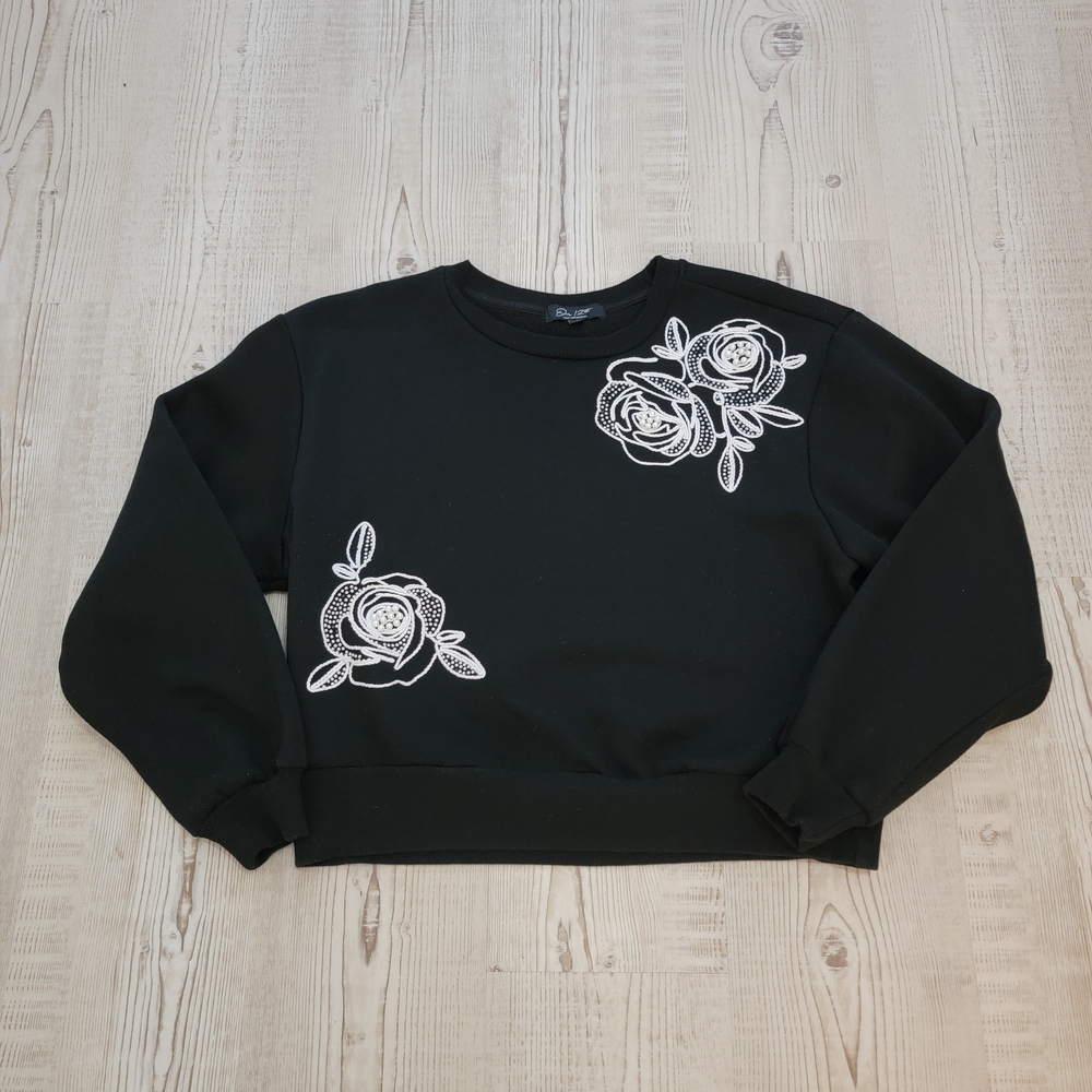 Black Crop Sweatshirt with Embroidered Beaded Floral Design Medium Feminine